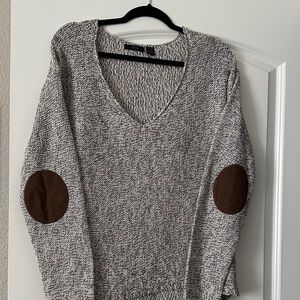 RDI Gray V-Neck Sweater with Brown Elbow Patches NWOT